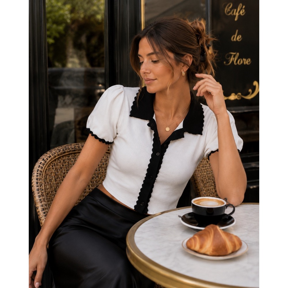 Parisian Old Money Scallop Trim Knit‎ Polo Crop Top Chic Minimalist Boxy Sz M